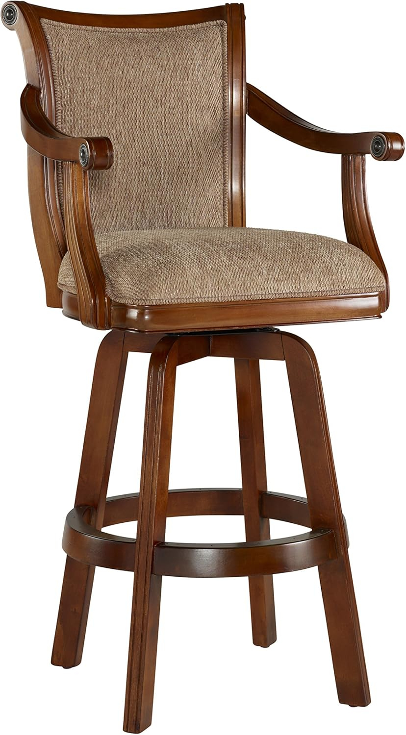 Linon Brandon Upholstered 30" Wood Swivel Bar Stool with Arms in Warm Cherry