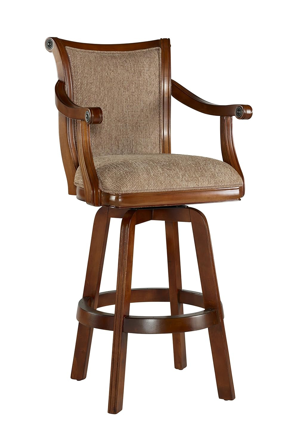 Linon Brandon Upholstered 30" Wood Swivel Bar Stool with Arms in Warm Cherry