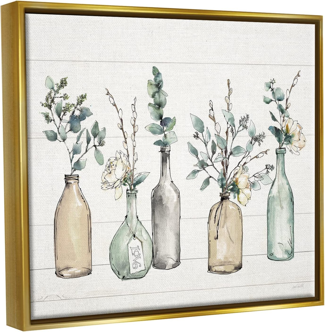 Stupell Industries Bottles And Plants Farm Wood Textured Design Metallic Gold Framed Floating Canvas Wall Art, 16x20, by Anne Tavoletti