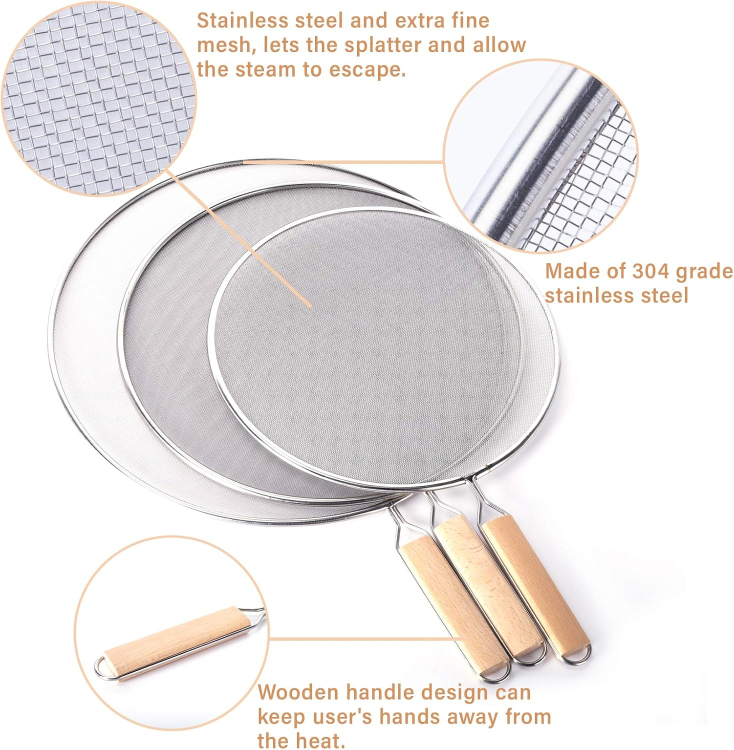 3 Pieces Grease Splatter Screen for Frying Pan, Splatter Guard Mesh Stainless Steel Grease Guard Shield for Kitchen Frying Pan Cooking Supplies Set of 9.44", 10.8" and 12.5" inch (Wood Handle)