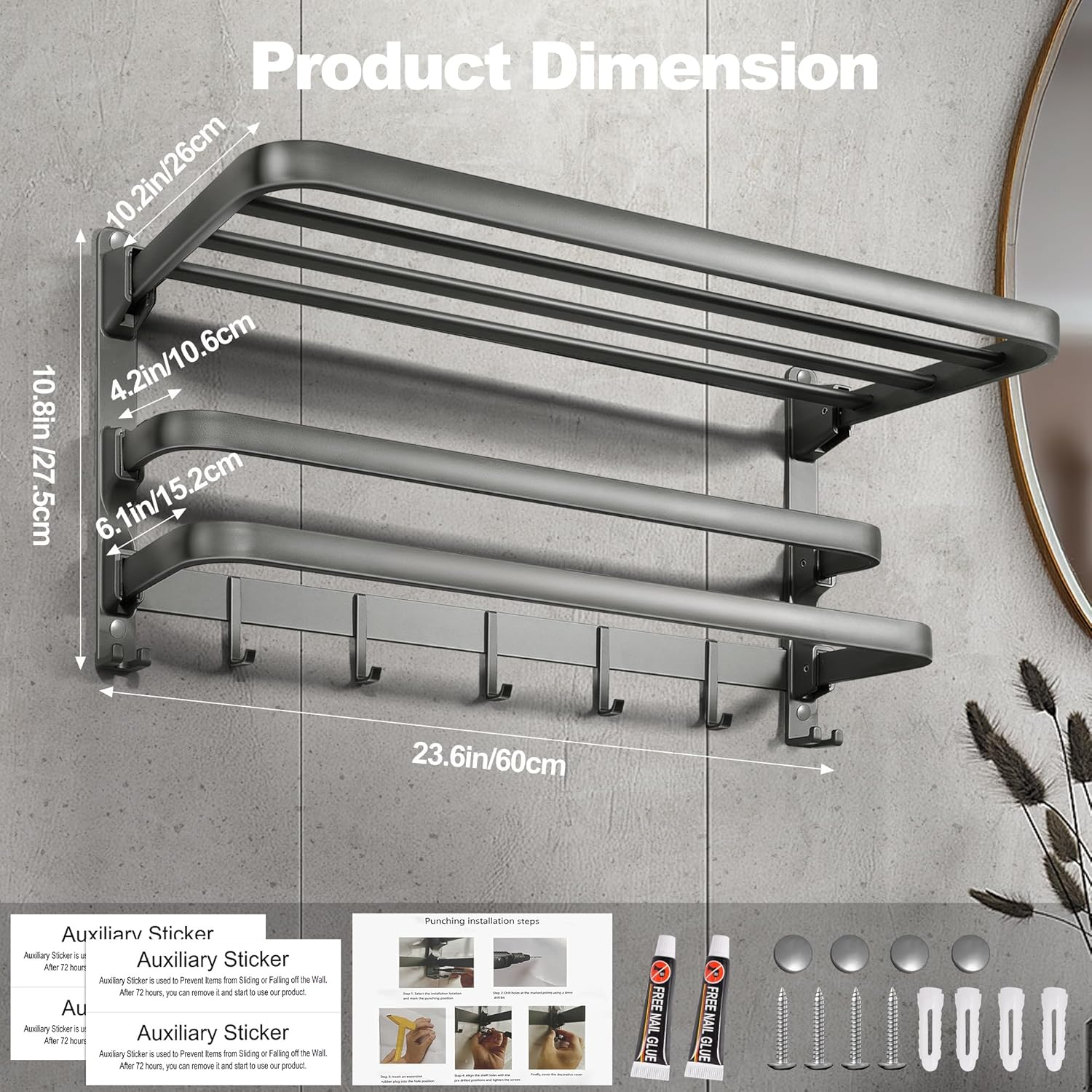 VOLDRA Towel Racks for Bathroom, 24-Inch Towel Shelf with Towel Bar Foldable Towel Holder with 7 Hooks Towel Storage Organizer for Bathroom & Lavatory Wall Mounted(Matte Black)