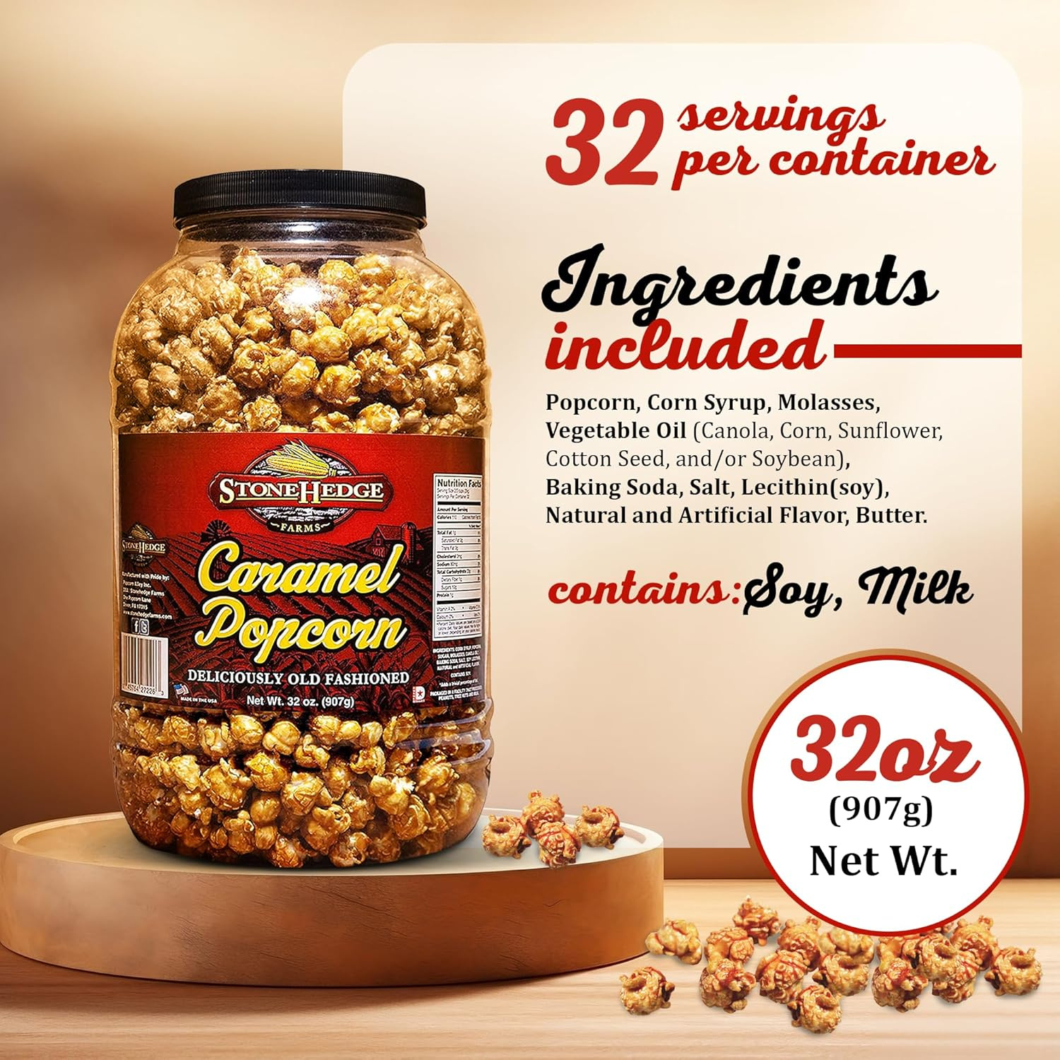 StoneHedge Farms Caramel Popcorn Deliciously Old Fashioned 32 oz. Tall Tub! 2 lbs. of Deliciousness! Made in the USA!