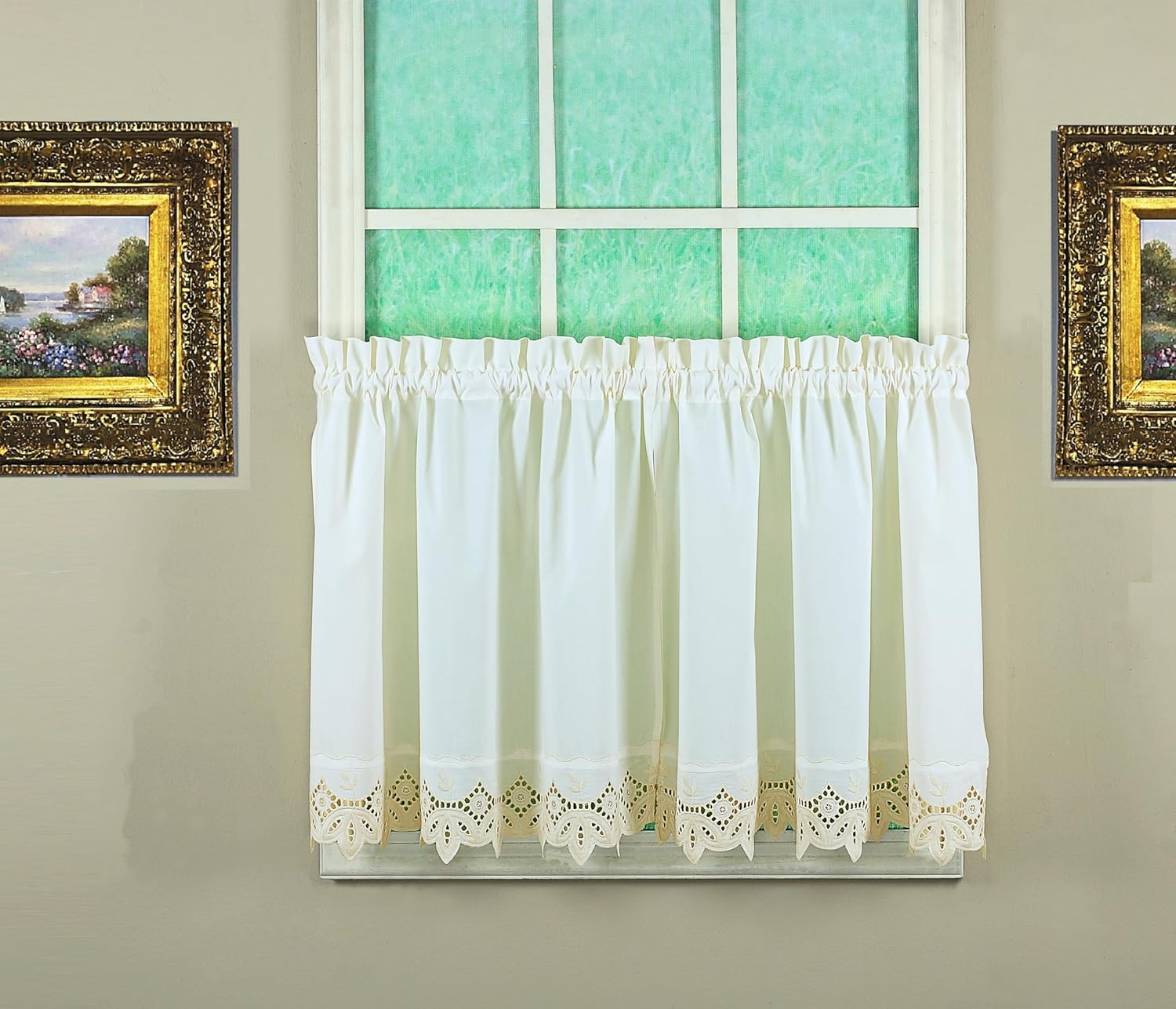 Ecru Cotton Polyester Sheer Lace Detail Tier Curtains