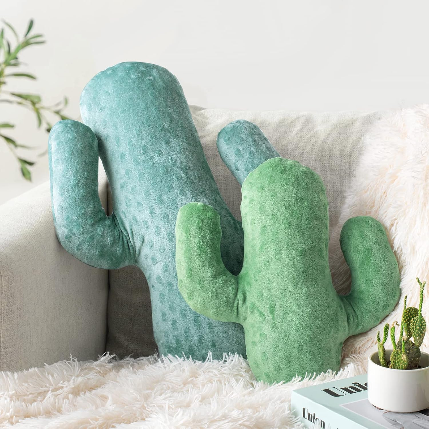 AELS Set of 2 Cactus Decorative Throw Pillows, 22"& 14" Cactus Plush Pillow Set, 3D Office Nap Pillow, Cute Succulent Throw Pillow for Nursery Bedroom Room Decor, Blue Green & Sage Green