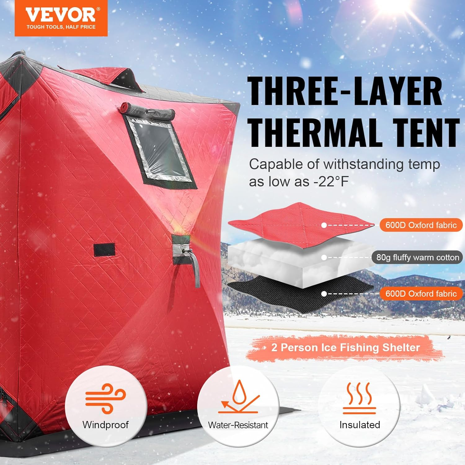 Portable Pop-Up Tent, 1-8 Person Insulated Shelter, Large Fishing Area, Hub-Style Shanty for Winter Fishing, Waterproof Oxford Ice Cube with Anchors/Ropes/Carrying Bag