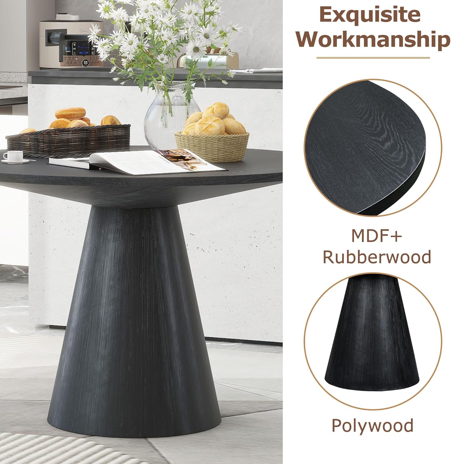 46.5"" Modern Round Dining Table for 4-6,Wooden Round Kitchen Table with MDF Table Top & Pedestal Base,Mid Century Modern Round Dining Table for Dining Room Kitchen,Living Room, Black