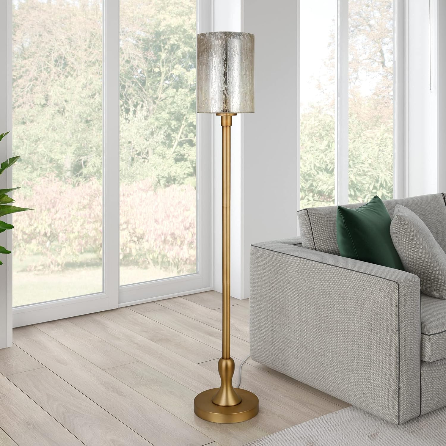 Numit 68.75" Tall Floor Lamp with Glass Shade in Brass/Mercury Glass