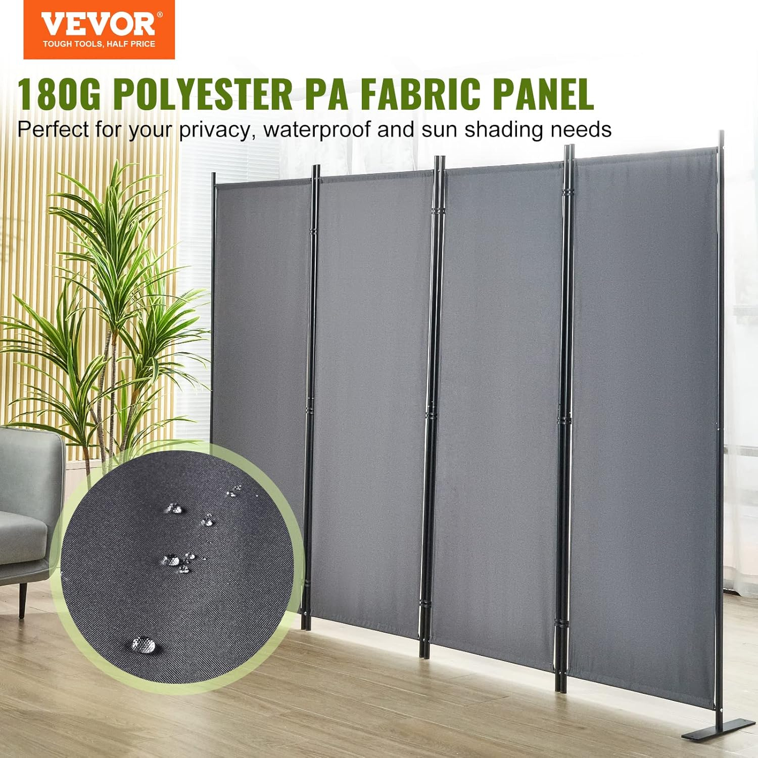 VEVOR Room Divider, 5.6 ft Room Dividers and Folding Privacy Screens (4-Panel), Fabric Partition Room Dividers for Office, Bedroom, Dining Room, Study, Freestanding, Dark Grey