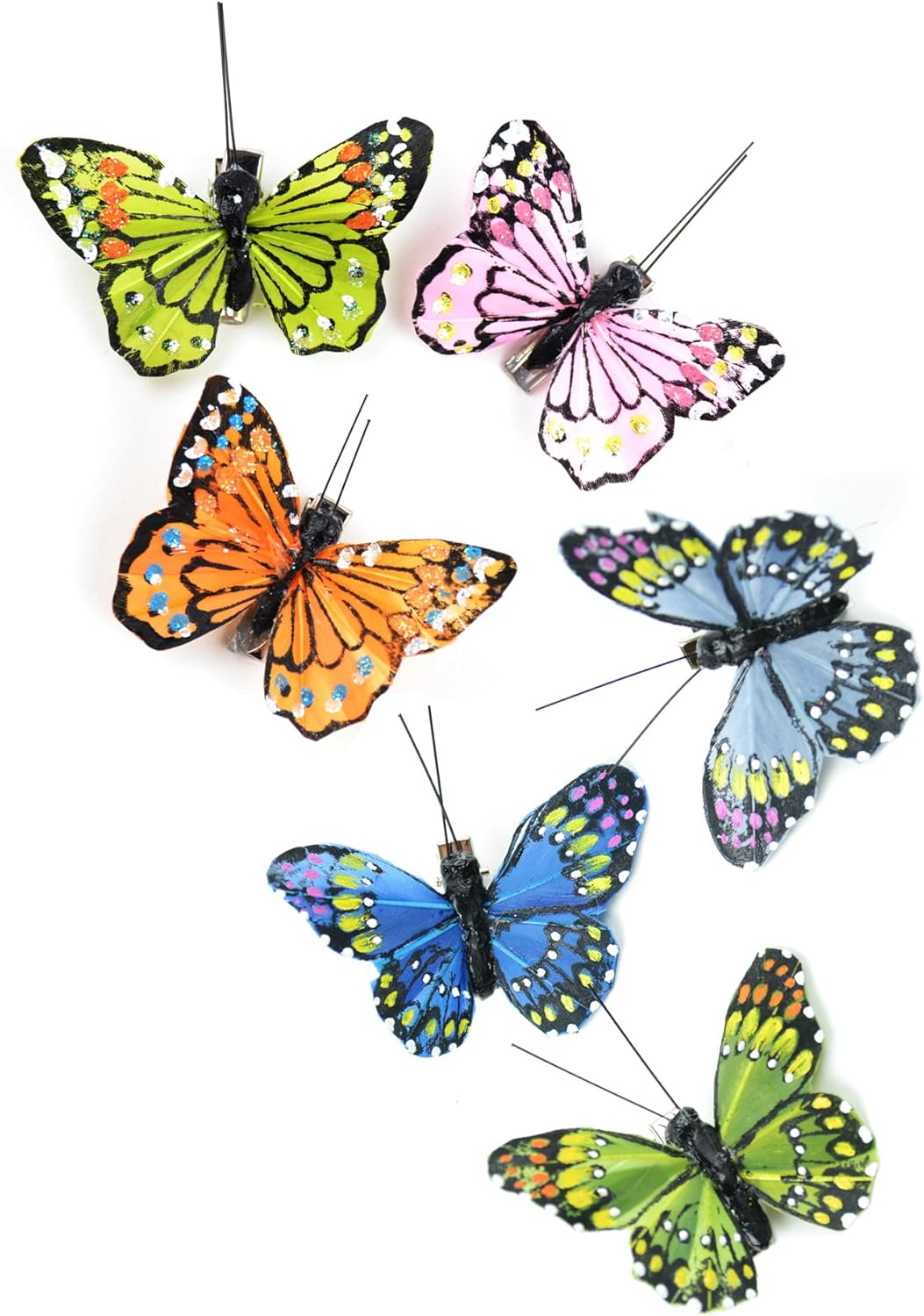 Set of 12 Multi Color Natural Feather Butterflies 2.5 inch with Clip for Home Decoration, Floral Arrangements, Wreaths and Arts & Crafts