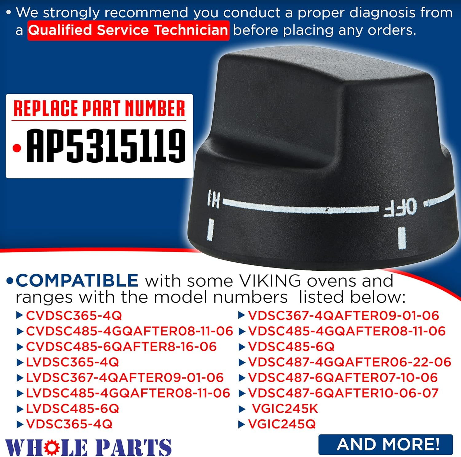 Whole Parts Replacement Knob (Black) Part # PA010122 - Replacement & Compatible with Some Viking VGRC, IC, RT Grill