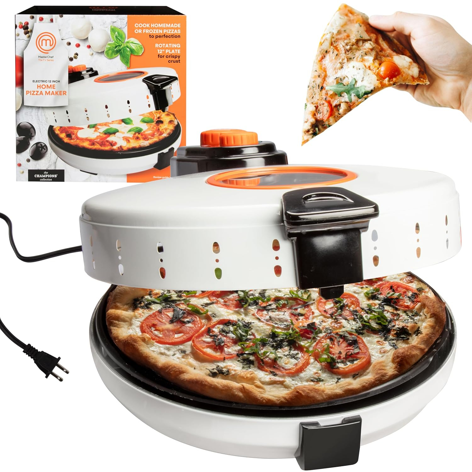 MasterChef Electric 12" Pizza Maker- Cook Homemade Calzones, Quesadillas & Cookies! Rotating Nonstick Plate for Even Baking- Adjustable Temp Control for Crispy Crust- Indoor or Outdoor Parties & Gifts