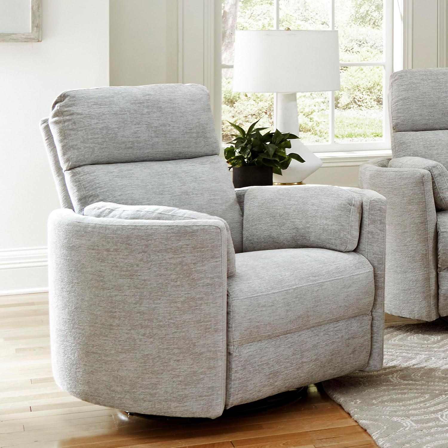 Cream Leather Swivel Glider Recliner with Wood Frame