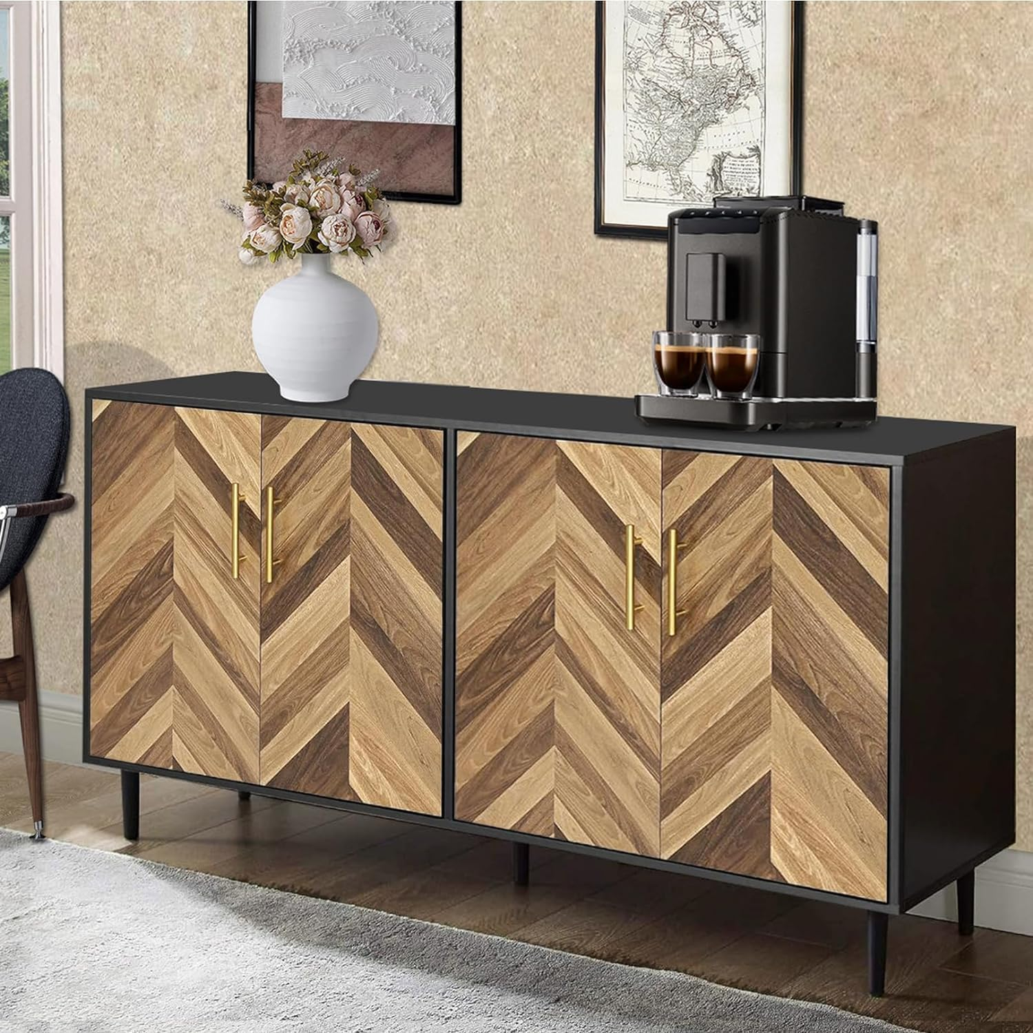Accent Cabinet, Black Storage Cabinet with Doors Mid Century Modern Sideboard Buffet Cabinet with Storage Shelves Small Wood Accent Cabinets for Living Room Entryway Office, Brown Herringbone