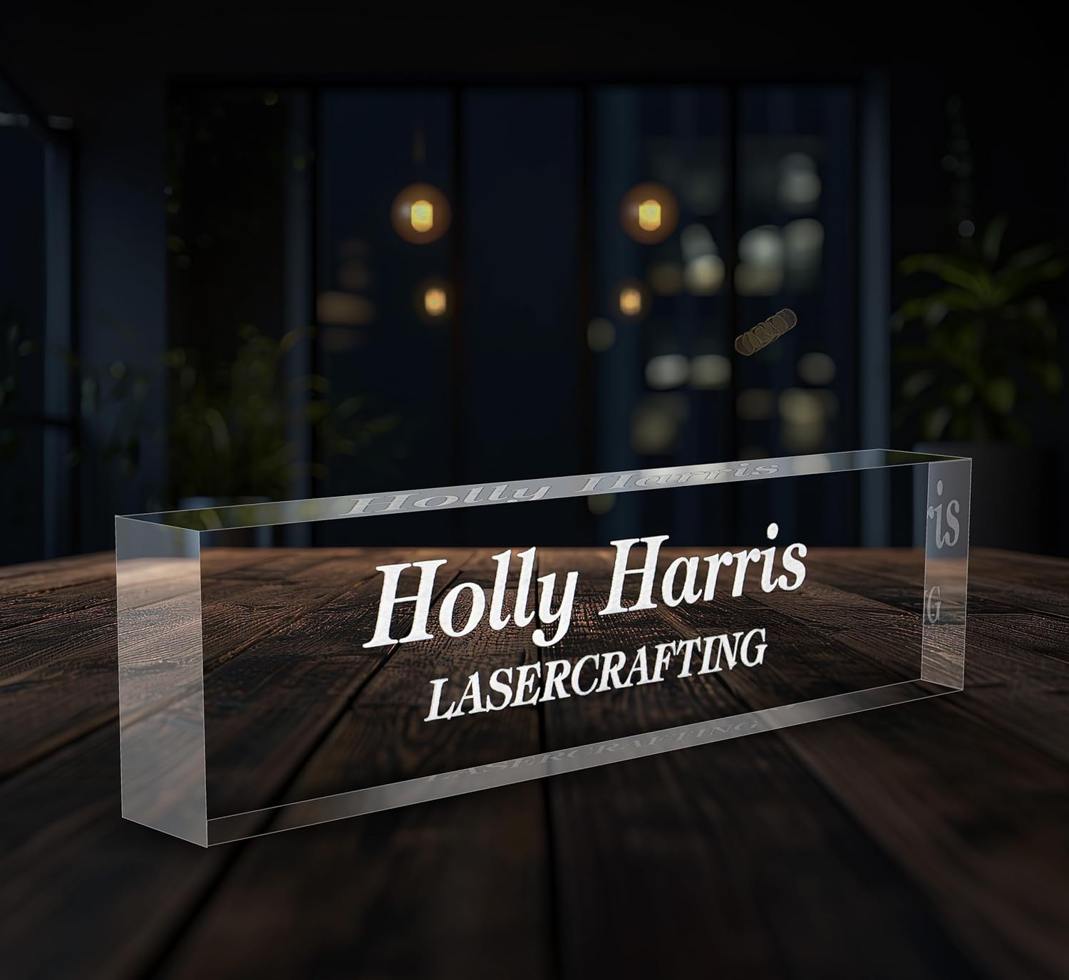 Lasercrafting Office Desk Name Plate Personalized Crystal Clear Glass-Like Acrylic Customized with Laser Engraved Frosted White Text