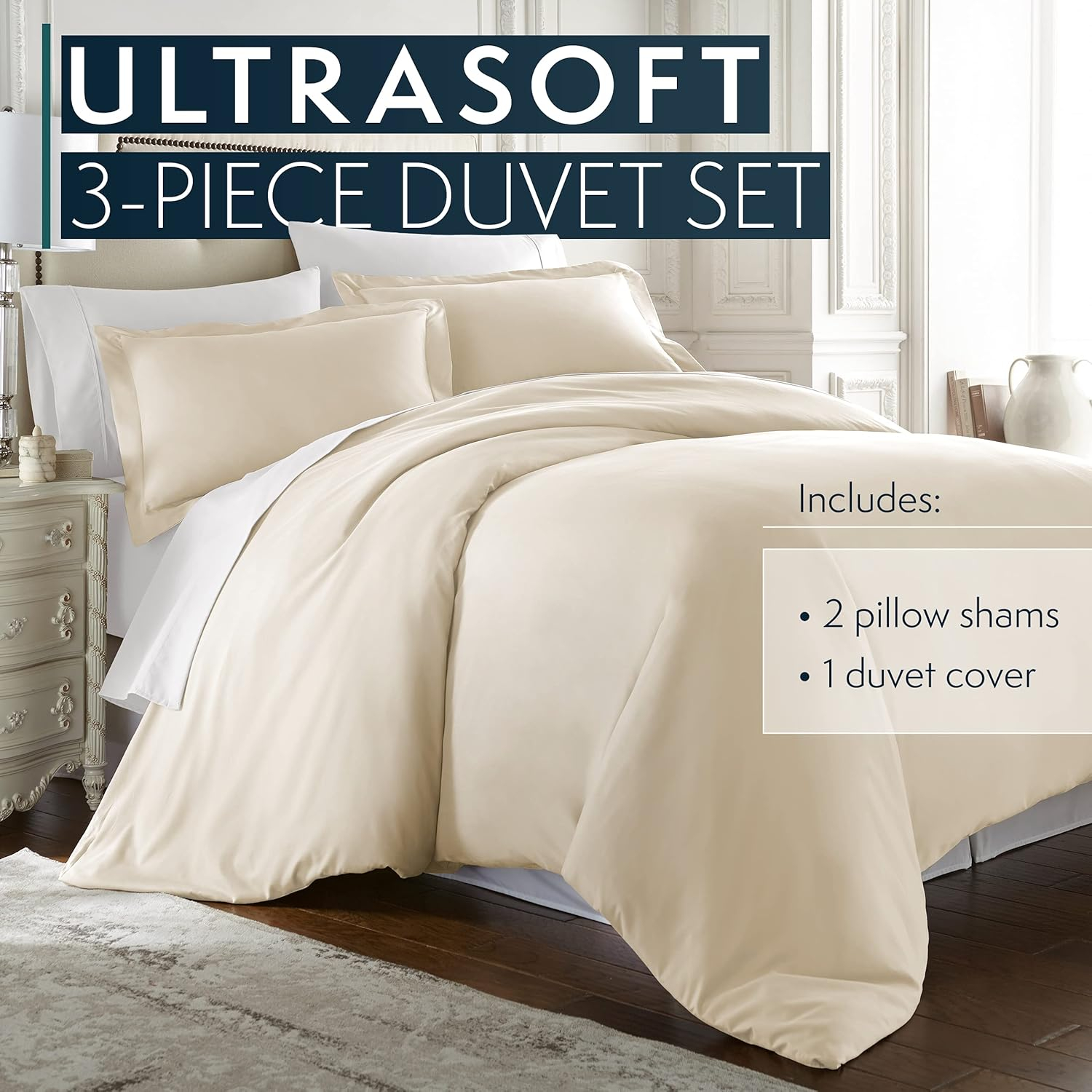 HC Collection Duvet Cover - Cream King Size Duvet Cover - 3 Piece Soft Breathable Microfiber Duvet Cover Set with Zipper Closure & 2 Pillow Shams