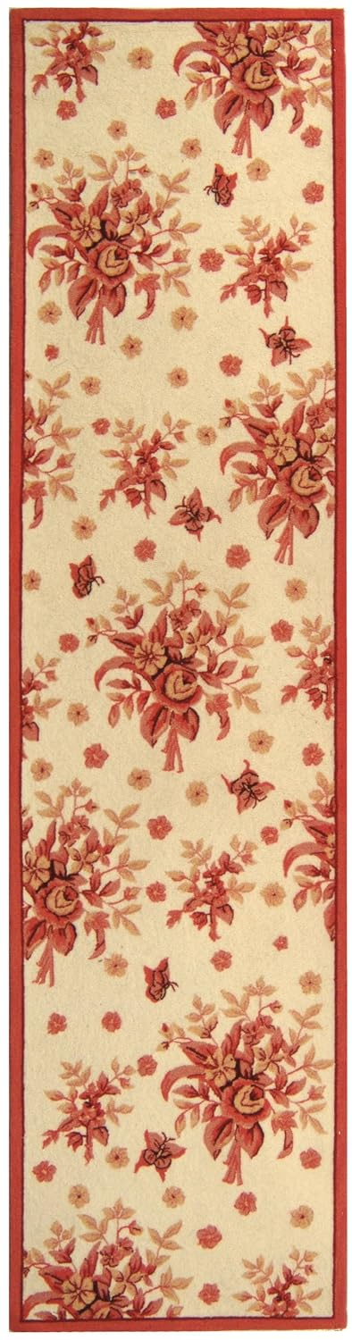 Ivory and Rose Floral Wool Runner Rug, 2'6" x 12'