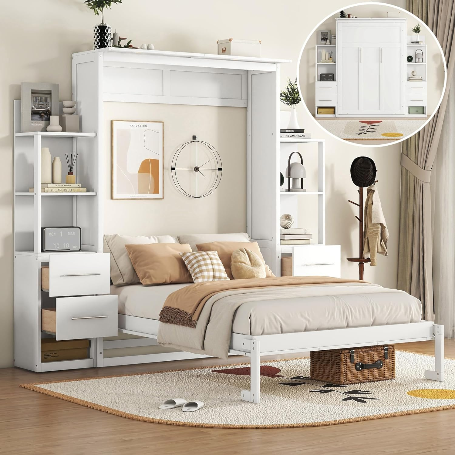 Full Size Murphy Bed, Transformable Bed Frame with Both Side Shelves, Drawers, Space-Saving Bed for Children, Teens, Adults, Noise-Free, No Box Spring Need, White