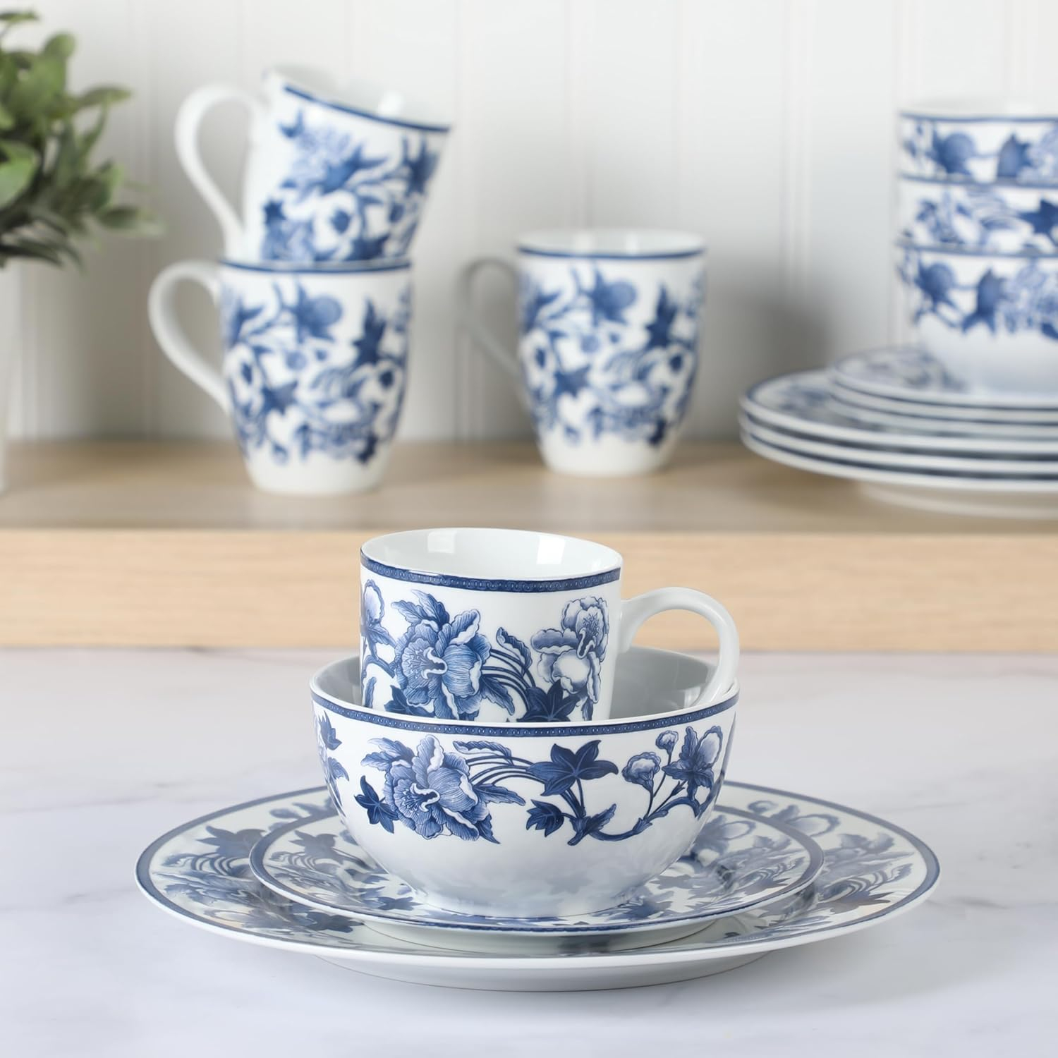 Vintage Blue Floral Porcelain 16-Piece Dinnerware Set