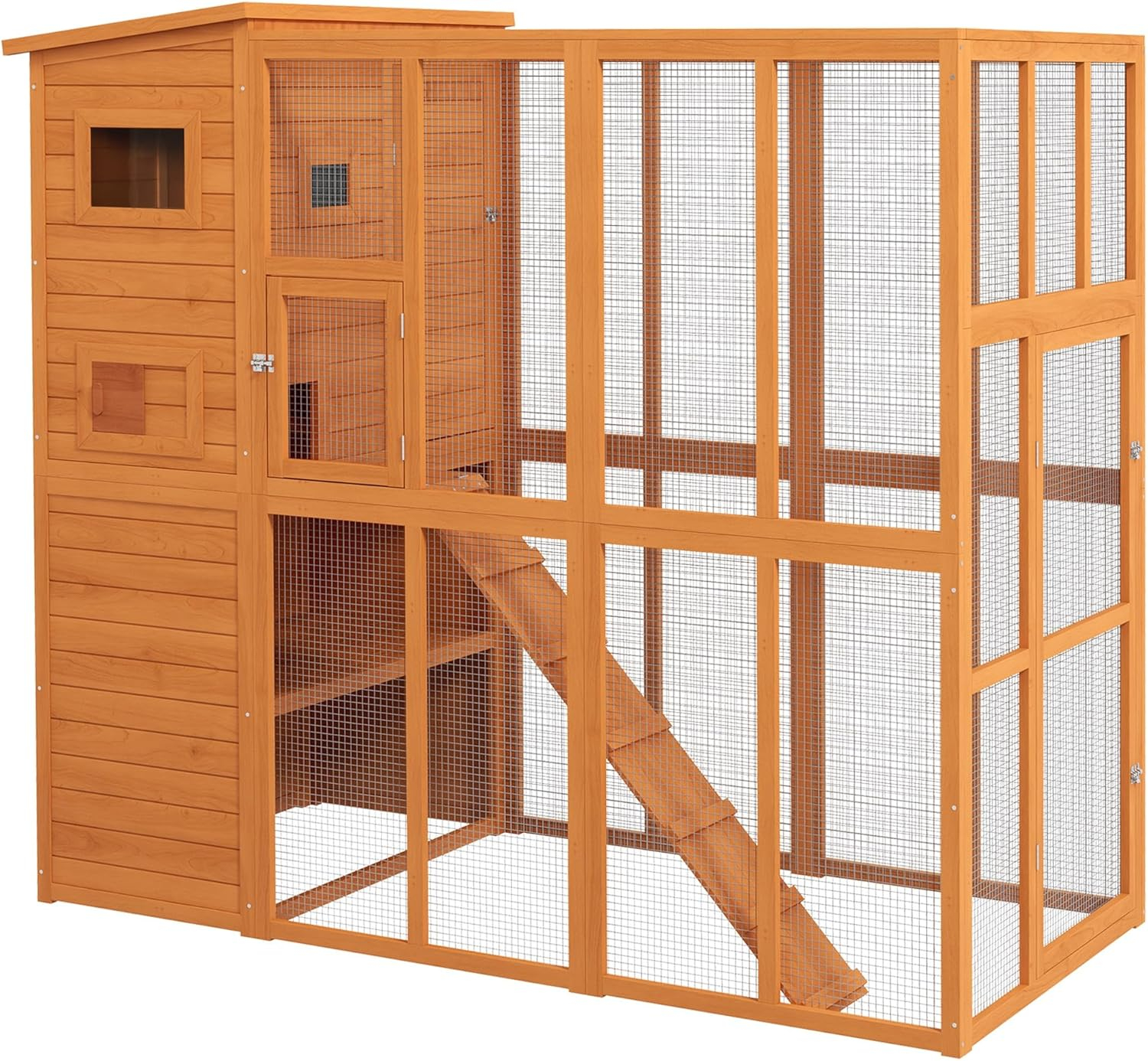 PawHut Catio Outdoor Cat Enclosure, Wooden Cat Patio with Platforms, Waterproof Asphalt Roof, Ramps, 77" L, Natural