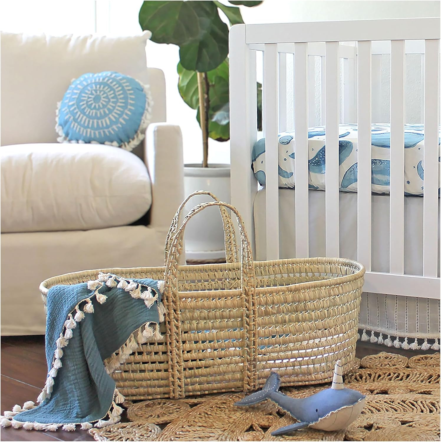 Riverstone Blue Cotton Muslin Baby Blanket with Fringe Trim