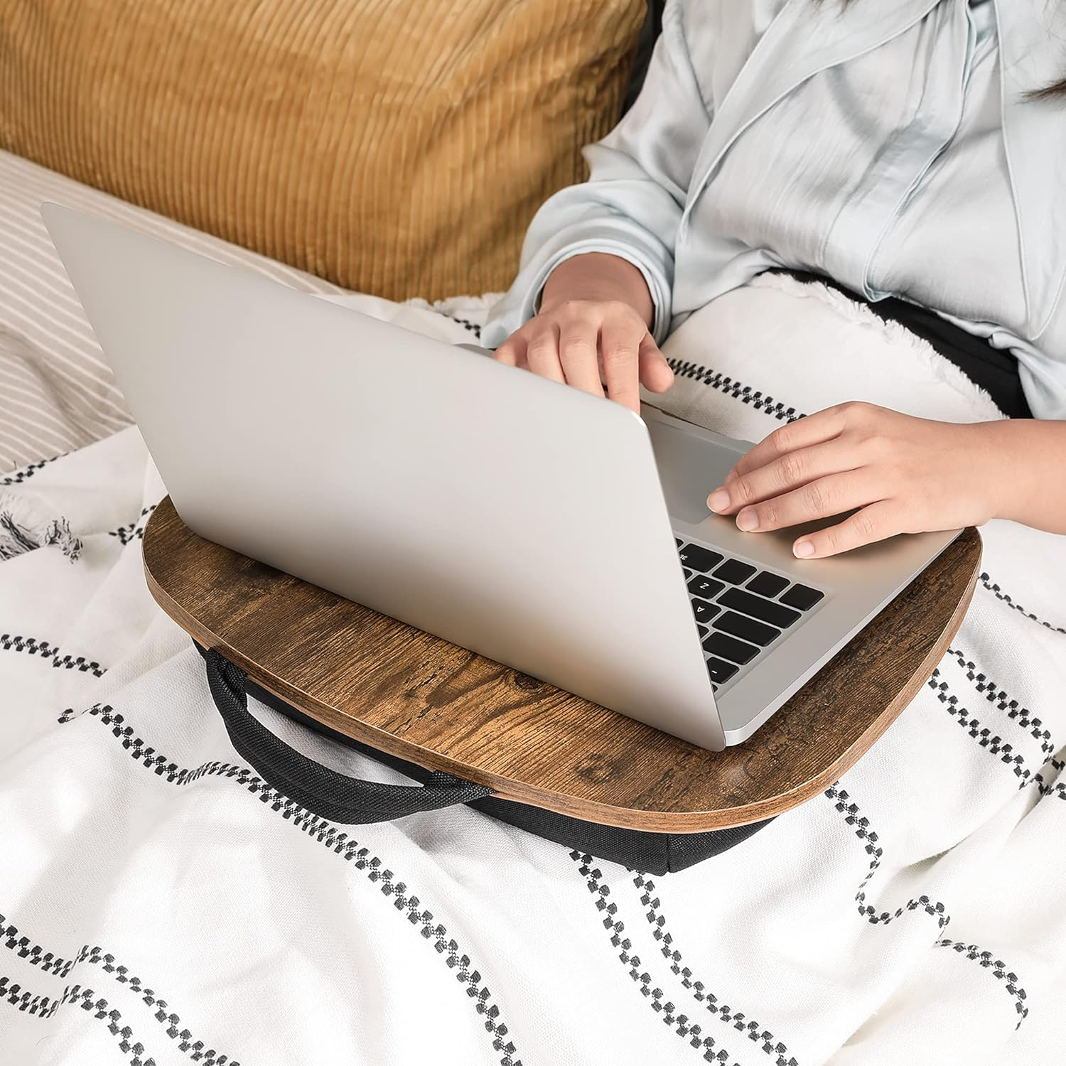 Portable Lap Desk,  Rustic Brown, Bed Tray with Handle & Cushion, Laptop Table for Comfort.