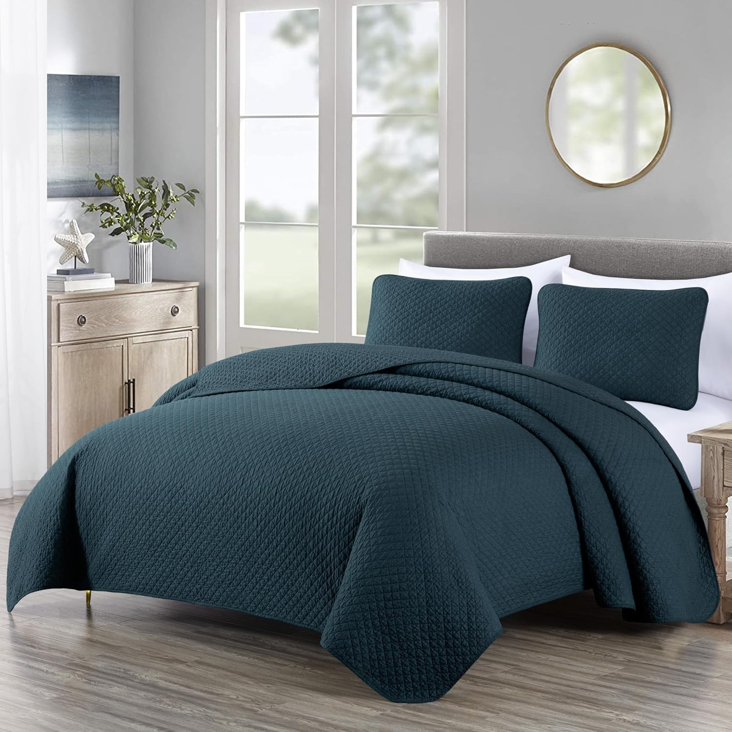 Chezmoi Collection Avon Diamond Geometric Solid Cotton Lightweight Quilt for All Seasons, 3-Piece Quilt Set, King, Dark Blue