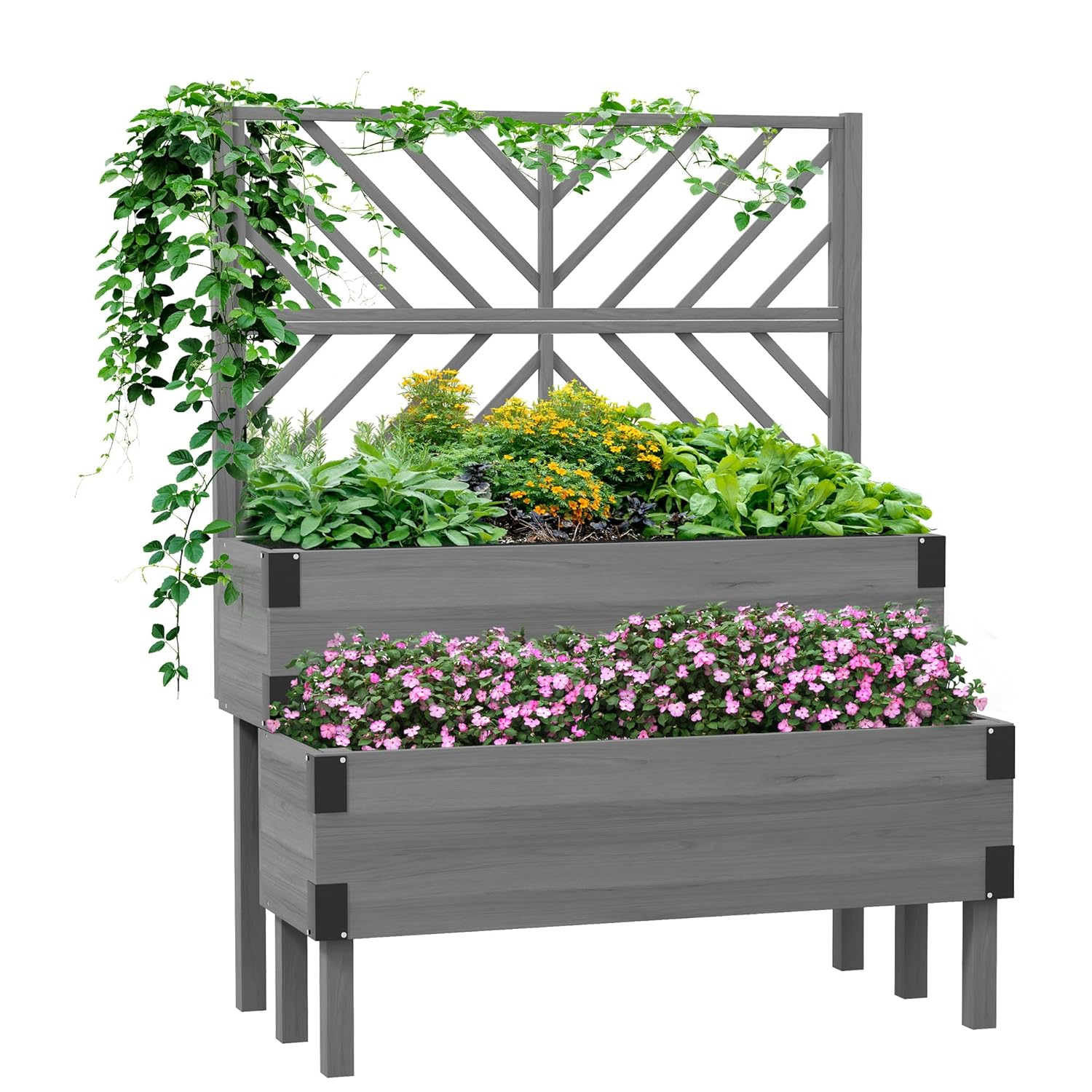 Outsunny Raised Garden Bed with Trellis, 2 Tier Wooden Elevated Planter Box with Legs and Metal Corners for Vegetables, Flowers, Herbs, Gray