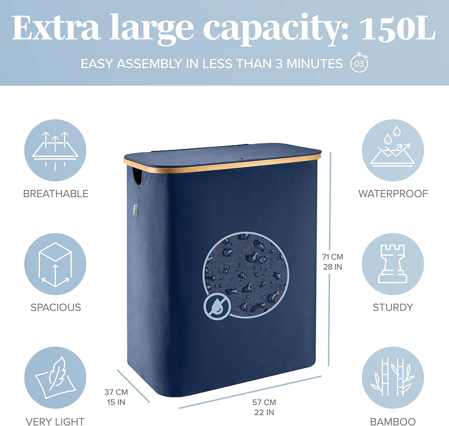 Lonbet - Double Laundry Hamper with Lid Cover - Bamboo Dual Section Laundry Basket - Collapsible Clothes Fabric Bin - Easy and Efficient Sorting - Removable Bags - 39.6 Gallons (3-5 Loads) - Blue