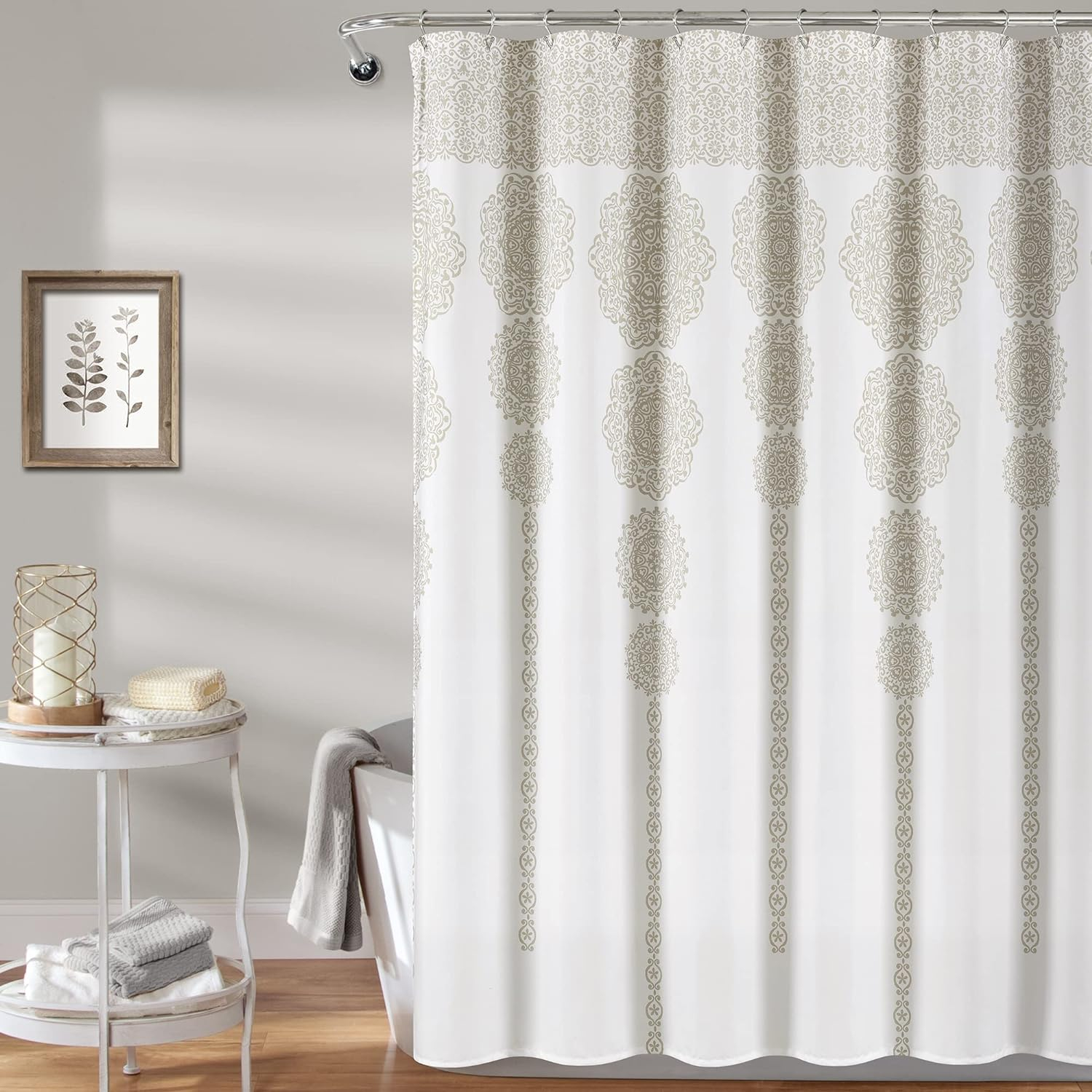 Lush Decor Stripe Medallion Shower Curtain-Fabric Mandala Bohemian Damask Print Design, 72" x 72", Neutral