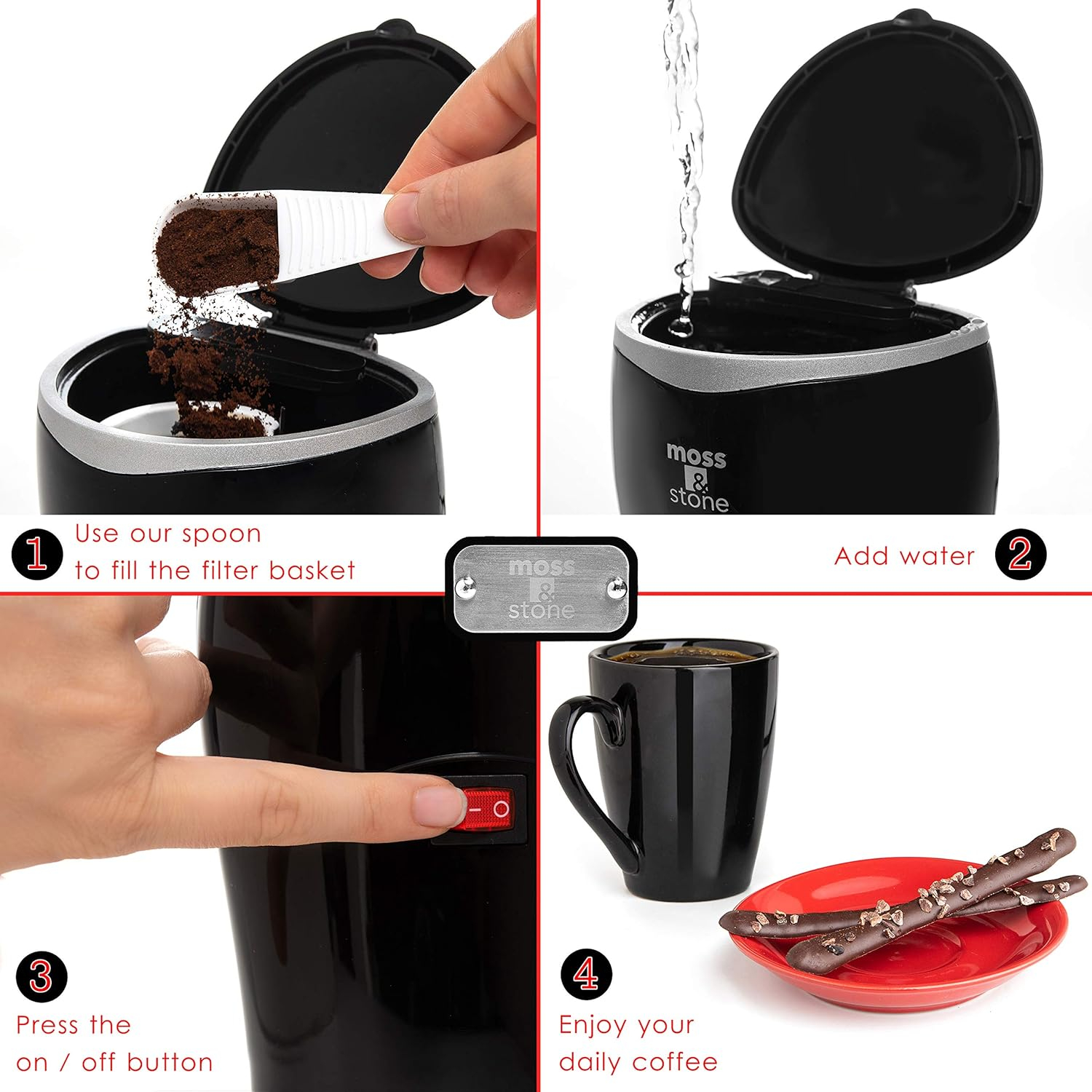 Moss & Stone Mini Drip Coffee Maker with Mug, Small Coffee Pot, One Cup Coffee Machine (1 Drip & 4oz Mug)