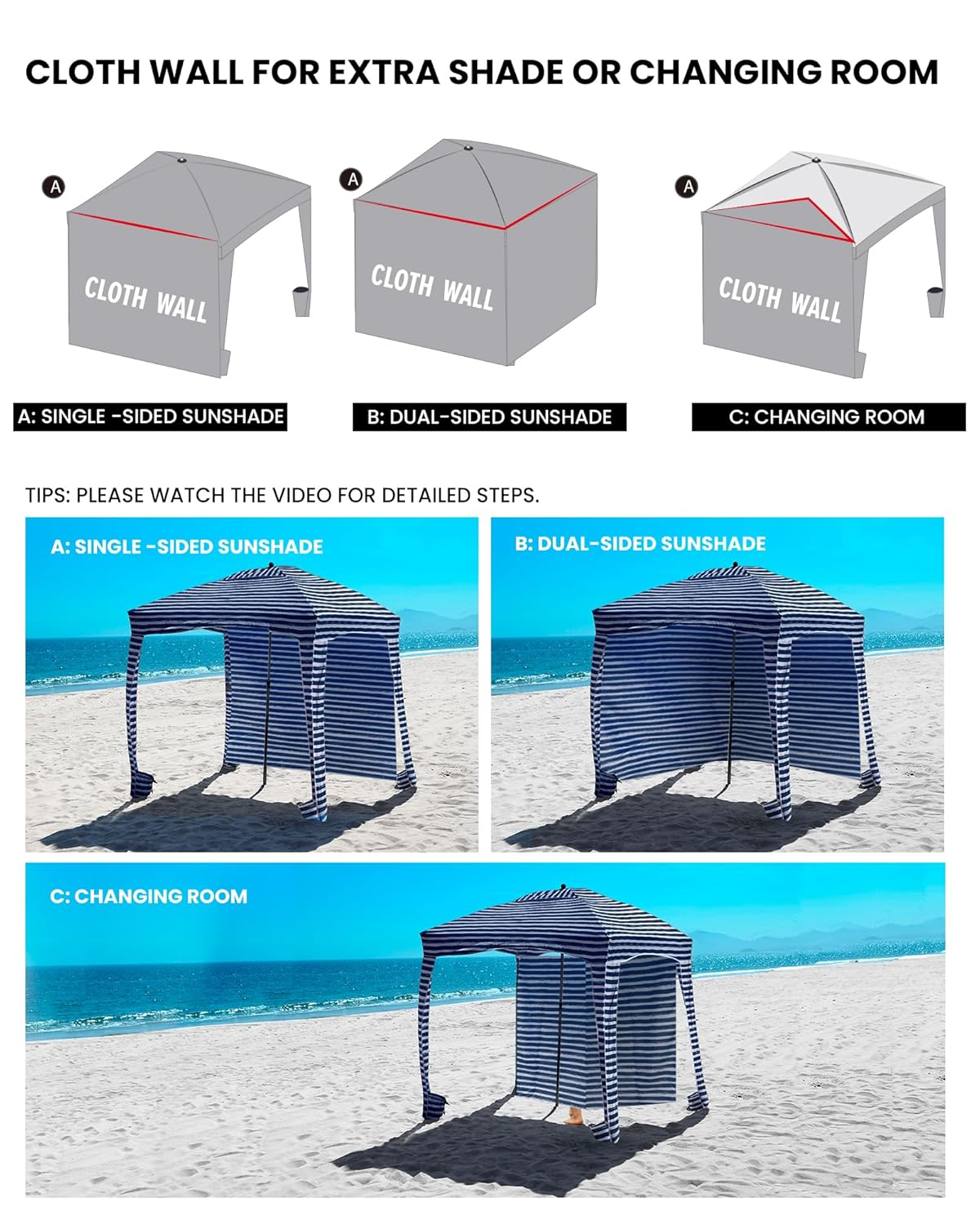 Qipi Beach Cabana - Easy to Set Up Canopy, Waterproof, Portable 6' x 6' Beach Shelter, Included Side Wall, Shade with UPF 50+ UV Protection for Kids, Family & Friends