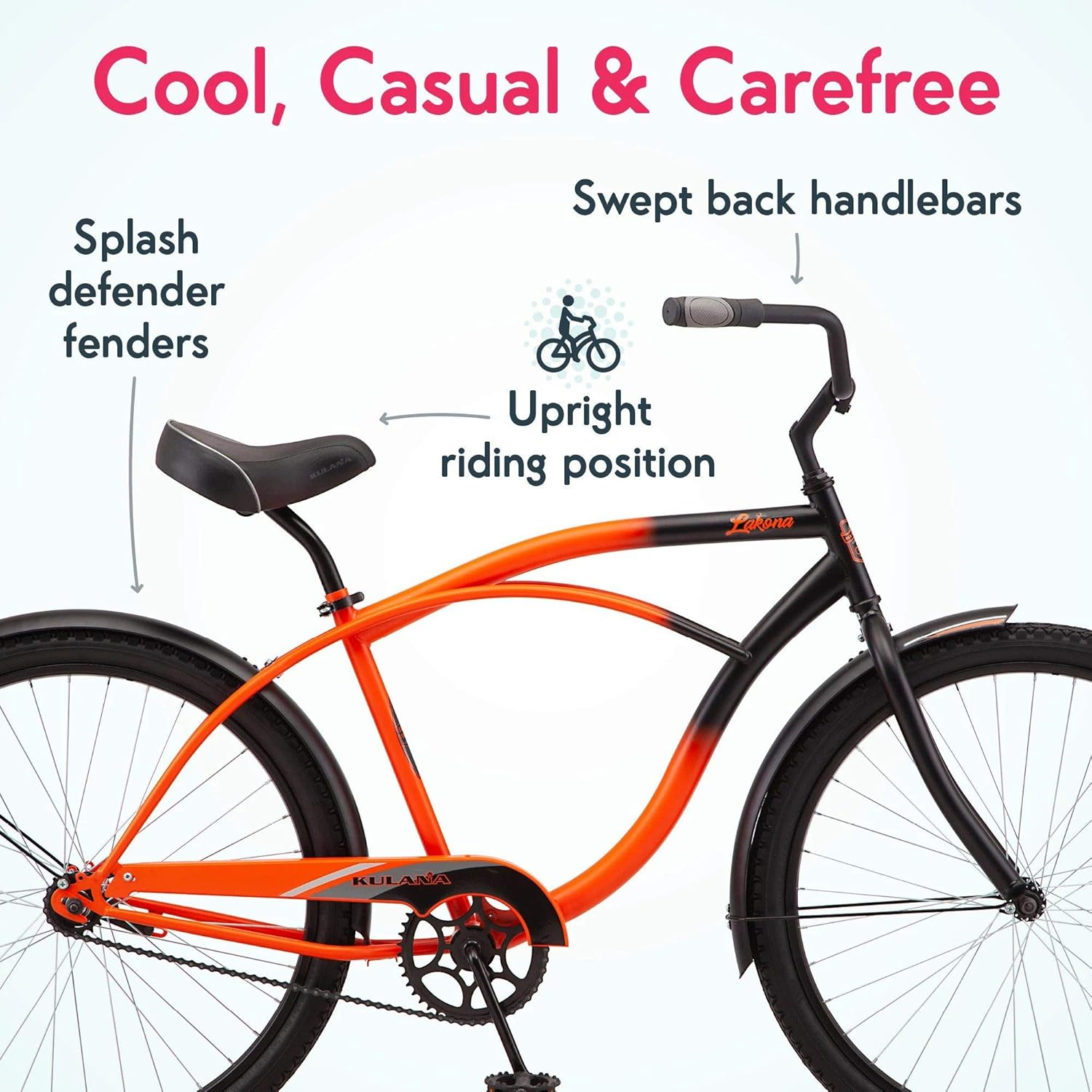 Kulana Lakona Shore, Tide or Wave Cruiser Bike, 20, 24 or 26 Inch Bike for Adults and Youth, 7 or Single Speed Beach Cruiser Bicycle, Rear Coaster Brake, Extra-Large Spring Saddle, Fenders