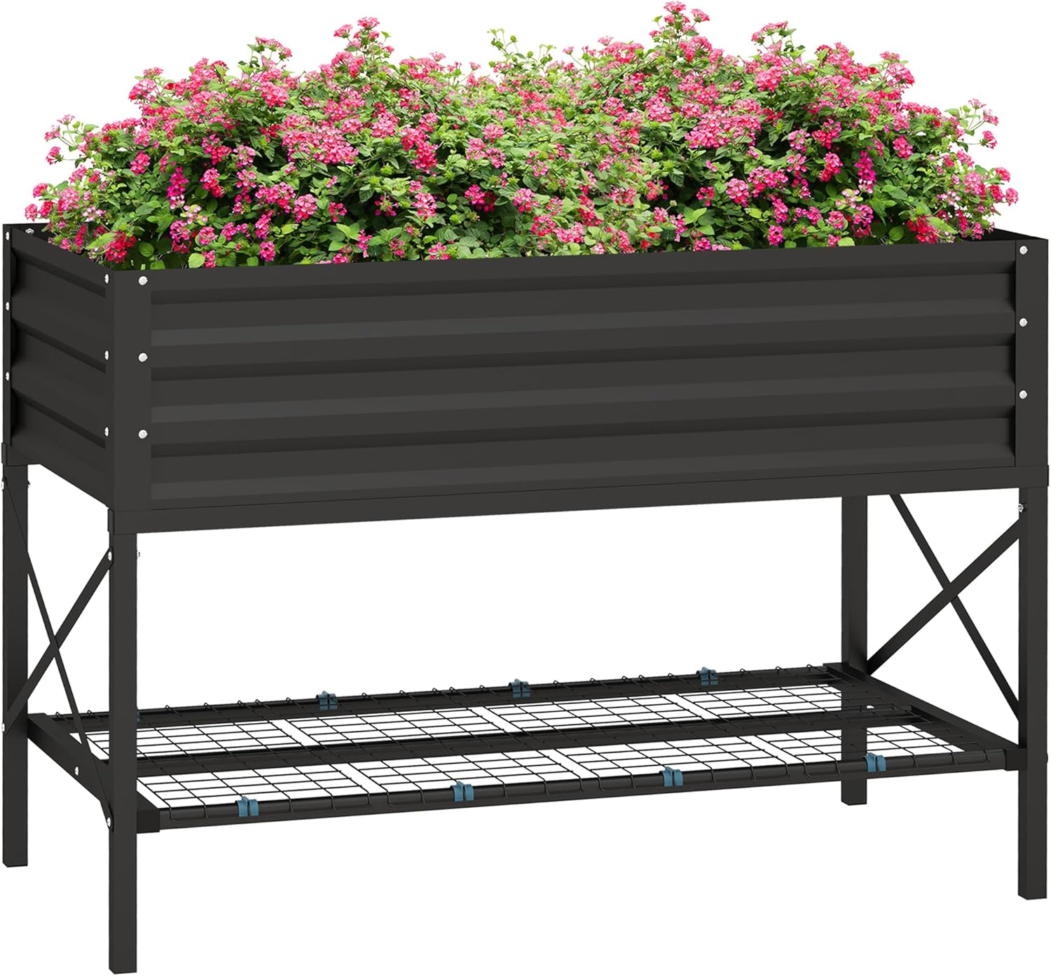 Outsunny Raised Garden Bed with Galvanized Steel Frame, Storage Shelf and Bed Liner, Elevated Planter Box with Legs for Vegetables, Flowers, Herbs, Black
