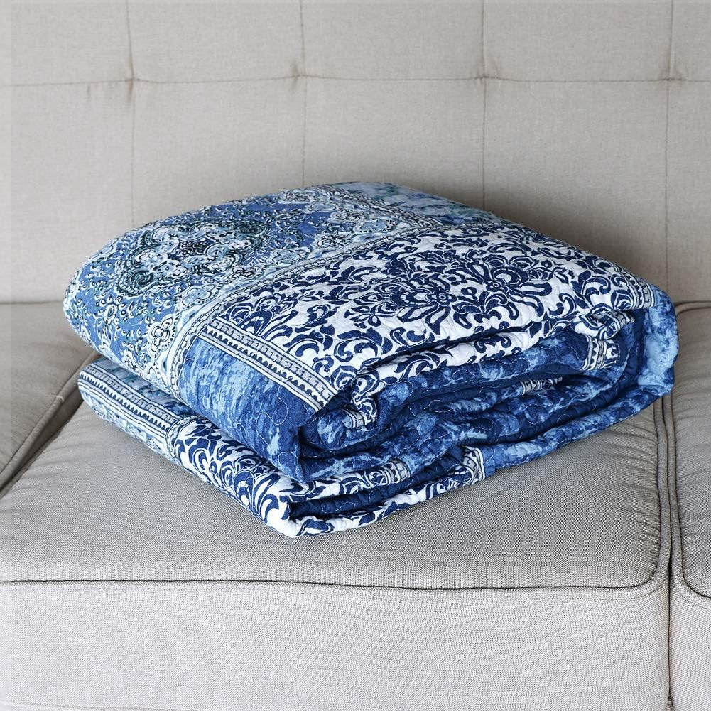NEWLAKE Quilted Throw Blanket for Bed Couch Sofa, Blue Classic Bohemian, 60X78 Inch