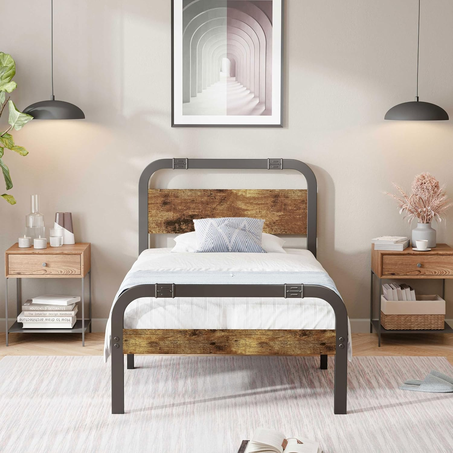 ZIYOO Industrial Style Metal Twin XL Bed Frame with Rustic Wood Headboard and Footboard, 14 Inch High Heay Duty Steel Slats Support No Box Spring Needed，Easy Assembly Structure