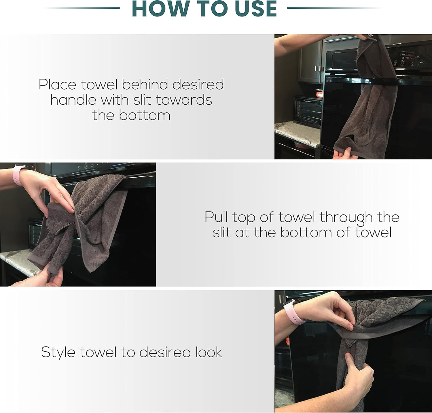 Michael Grace Gifts Grey Hand Towels with Hanging Loops - Set of 2 Gray Hand Towel with Loop for Kitchen, Bathroom, Dishes, Oven Handle Without Buttons, Snaps or Rivets