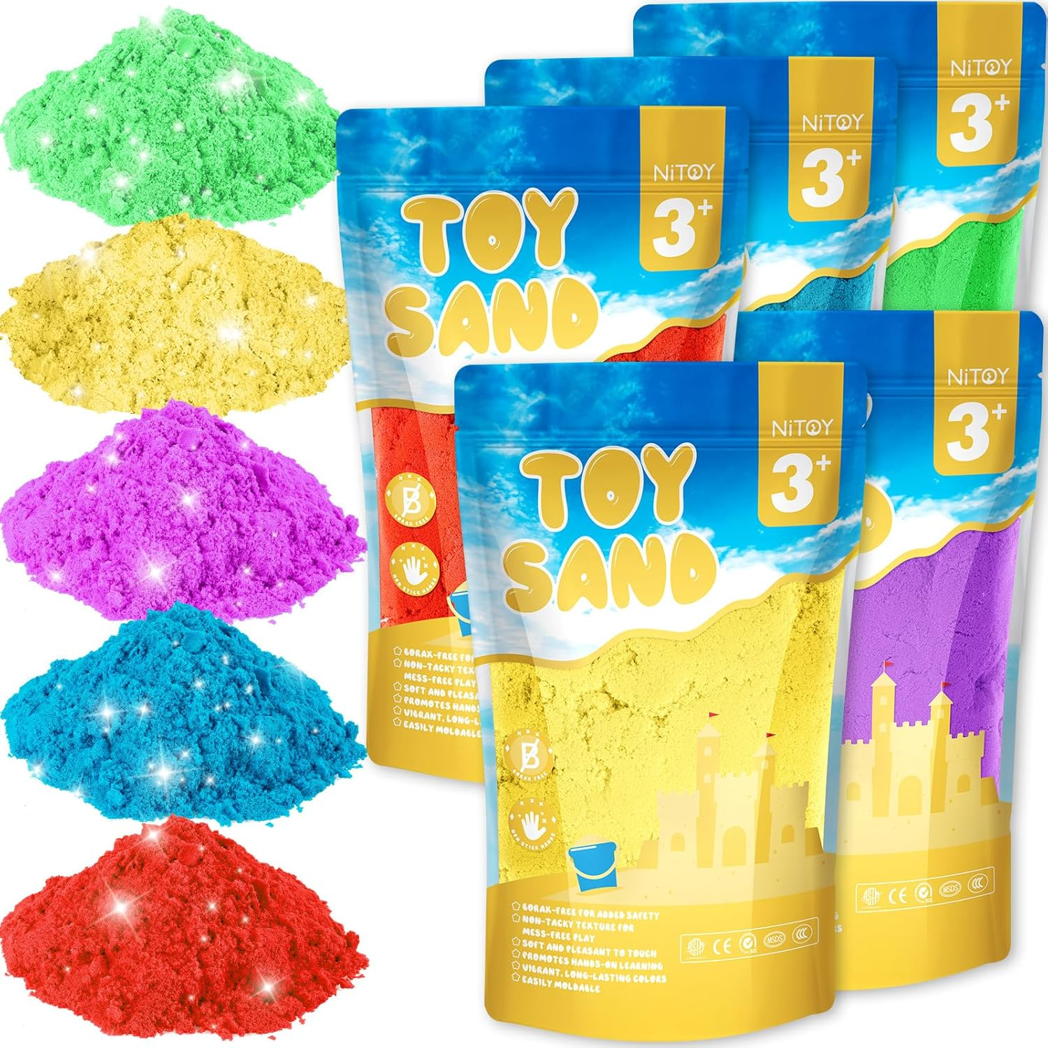 NiToy 11lbs Play Sand, Moldable Self-Sticking, Never Dries Out - Fun for Kids Bulk Refill for Sensory Sand Box Toys, Ideal for Shaping, Squeezing, Scooping, Rolling and Molding (5 Colored)