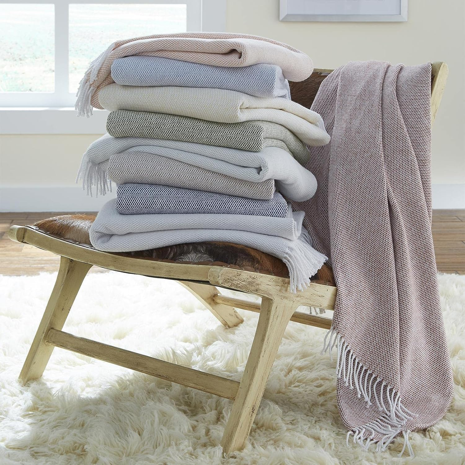 Rustic Fringed Navy Cotton Throw - Machine Washable