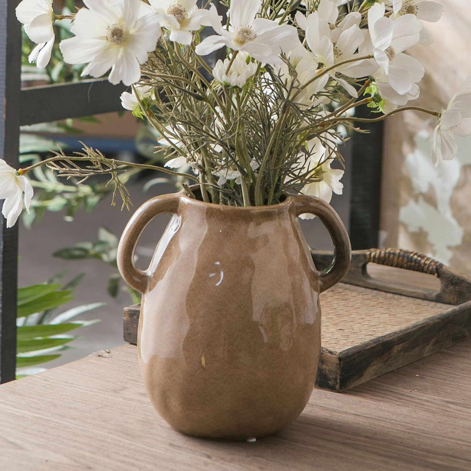 Kimdio Brown Ceramic Vase with 2 Handles, Modern Farmhouse Vase for Home Decor, Vintage Rustic Pottery Vase, Decorative Terracotta Vase, Clay Jug for Living Room Dining Table Shelf