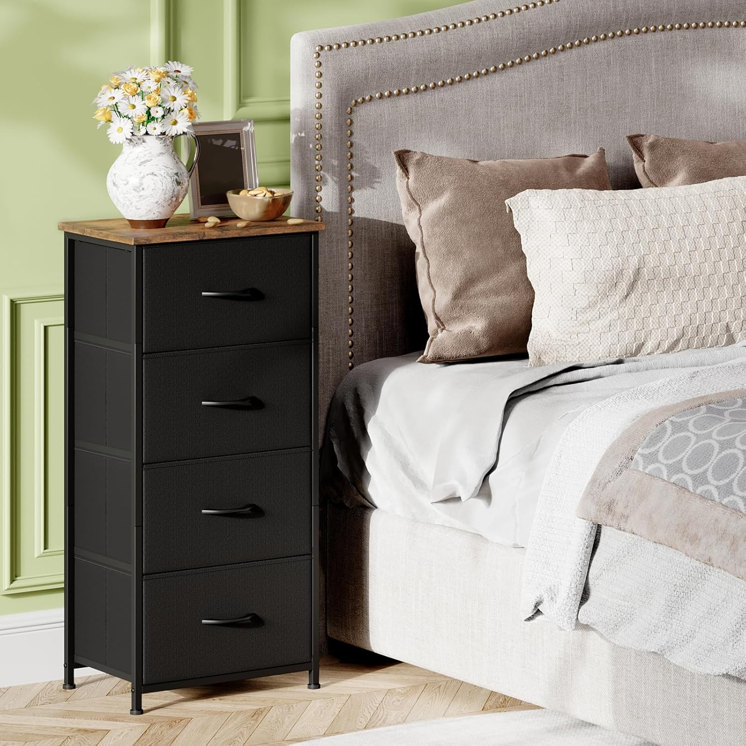 Somdot 4 Drawer Dresser, Chest of Drawers Fabric Vertical Nightstand for Bedroom, Black Rustic Brown