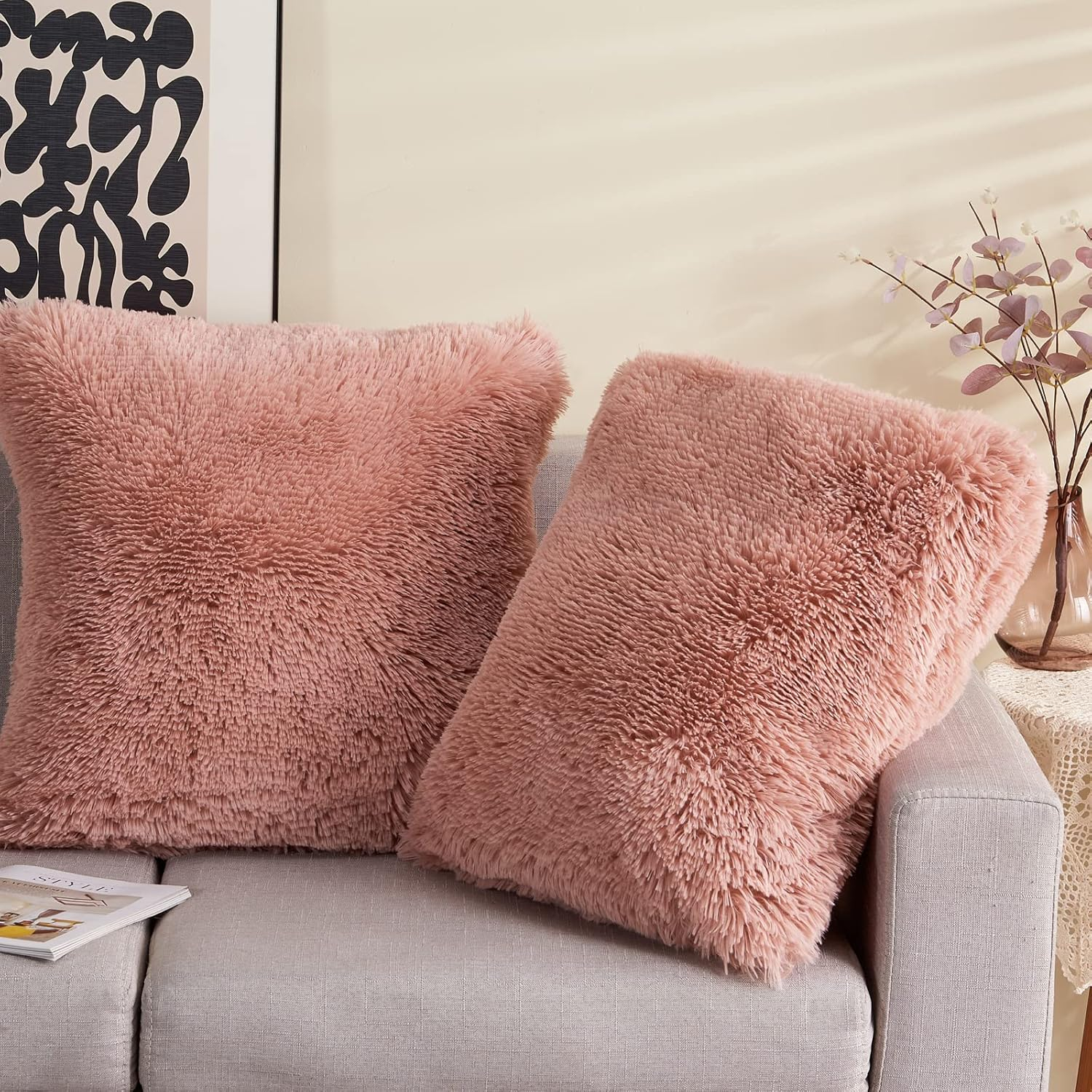 GONAAP Faux Fur Throw Pillow Cover Decorative Pillowcase Cushion Cover for Sofa Bedding Car 18x18 Inch (Pink, 18x18 Inch (Pack of 2))