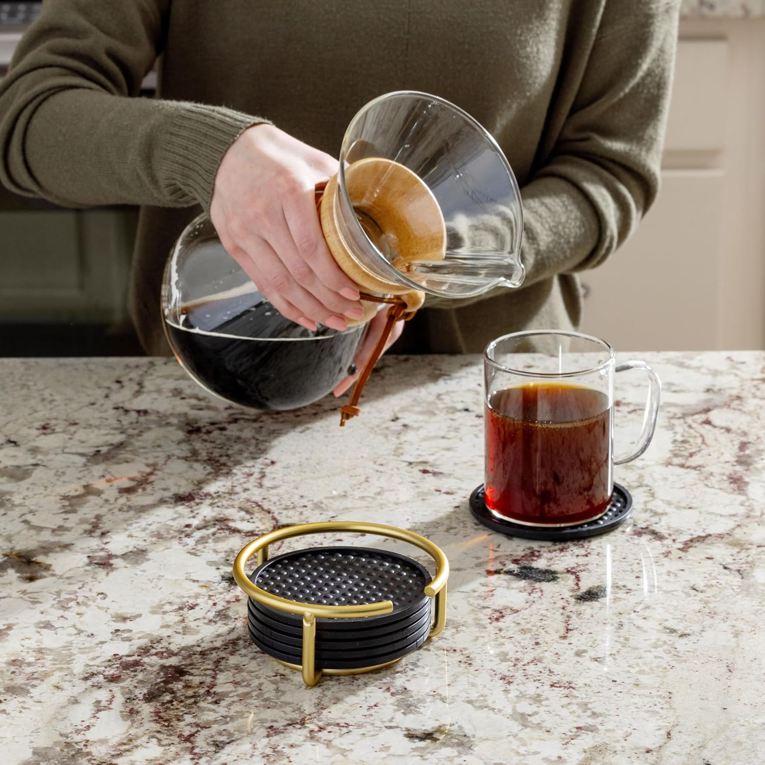 Spectrum Diversified Euro Drink Coasters with Holder - Home Décor Absorbent Coaster Set of 6 for Tabletop Protection, Gold
