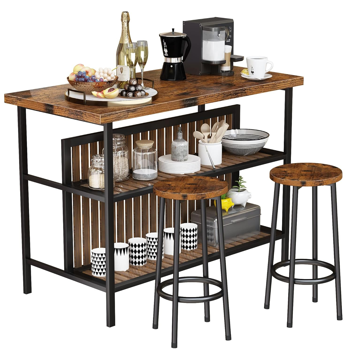 DKLGG Kitchen Island with Storage, 3 Piece Dining Table Set with 2 Tier Storage Shelves, Bar Table with Barstool, Sturdy Island Table with Chairs for Restaurant, Living Room
