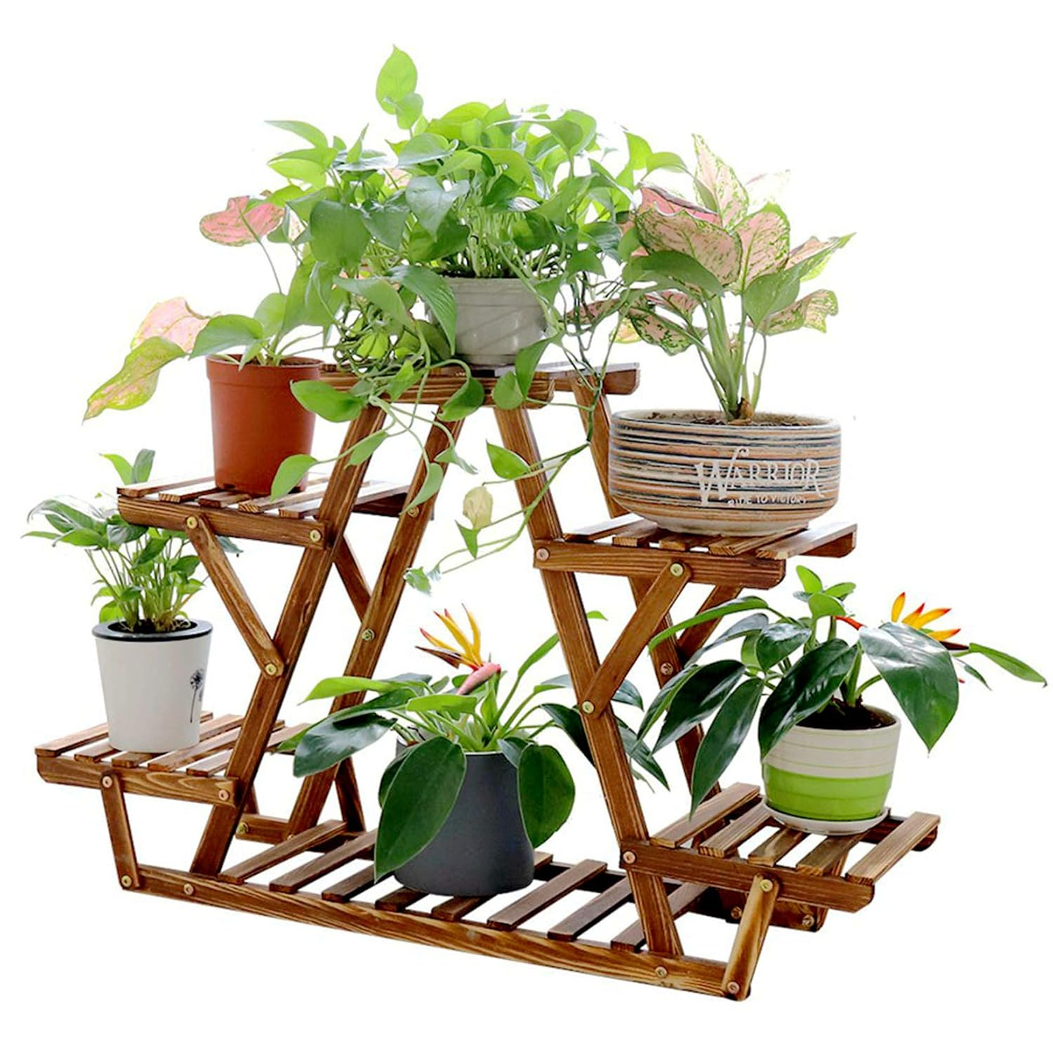 unho Triangular Plant Stand Indoor: 23 inch High Wooden Shelf 6 Potted Flower Mini Succulent Display Rack Holder for Patio Balcony Sunroom Living Room Window Decor