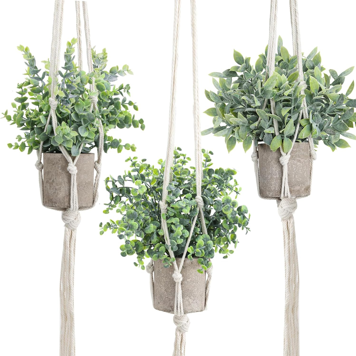 Artificial Plants 3 Pack Mini Fake Hanging with Macrame Plant Hangers Decorative Faux Greenery Decor for Shelves Wall Kitchen Farmhouse Bathroom Home Office