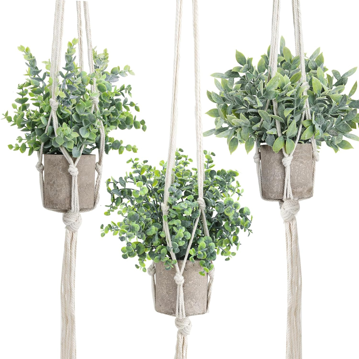 Artificial Plants 3 Pack Mini Fake Hanging with Macrame Plant Hangers Decorative Faux Greenery Decor for Shelves Wall Kitchen Farmhouse Bathroom Home Office