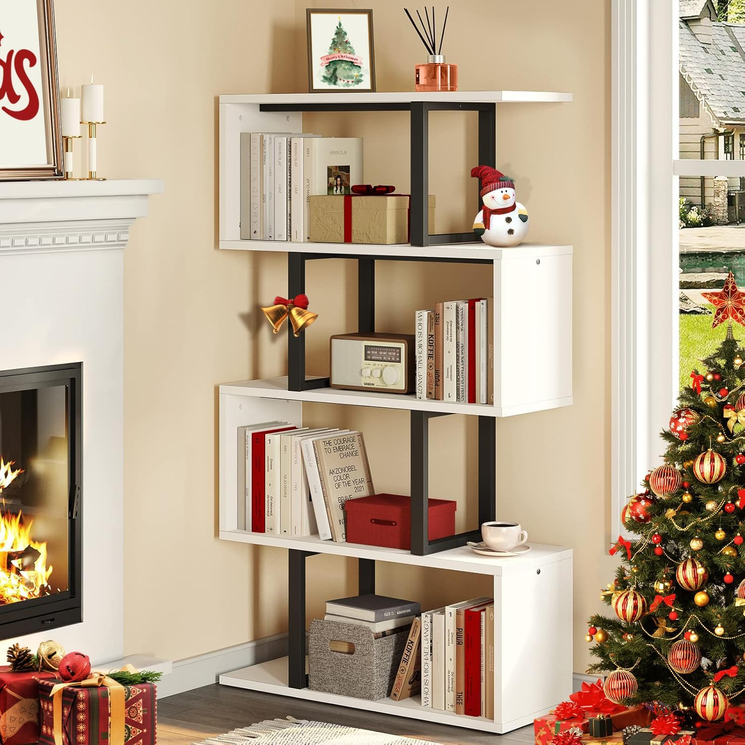 Satiny 5-Tier Bookshelf, S-Shaped Z-Shelf Bookshelves and Bookcase, Modern Freestanding Multifunctional Decorative Storage Shelving for Living Room Home Office, Cream White