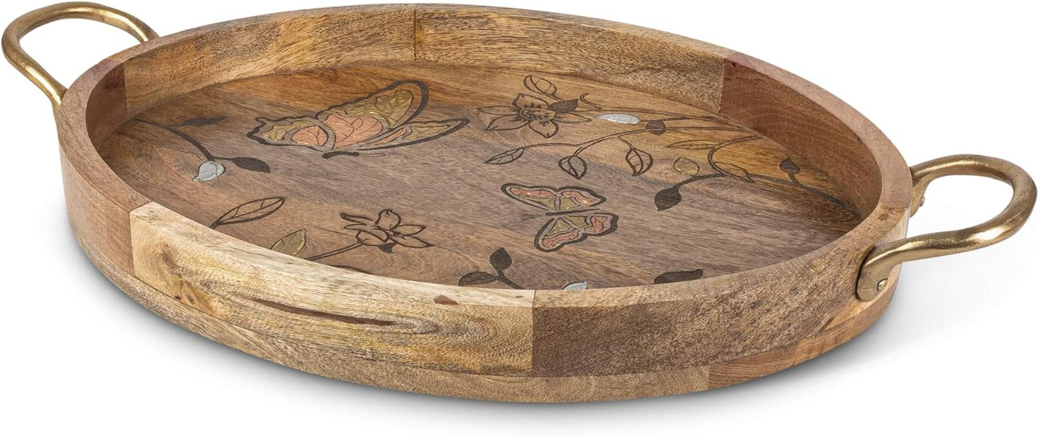 Gerson Mango Wood with Laser Butterfly Design Oval Tray with Handles.