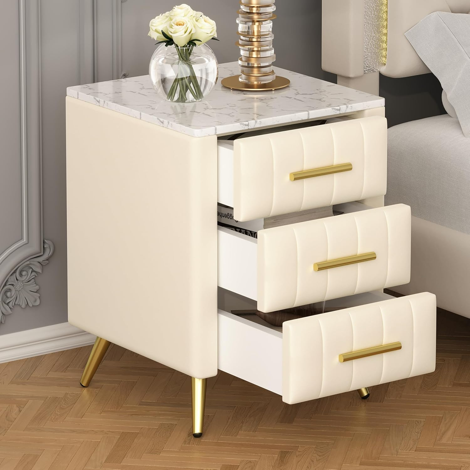 Churanty Upholstered Wooden Nightstand with 3 Drawers and Metal Legs & Handles,Bedside Table with Marbling Worktop,Beige