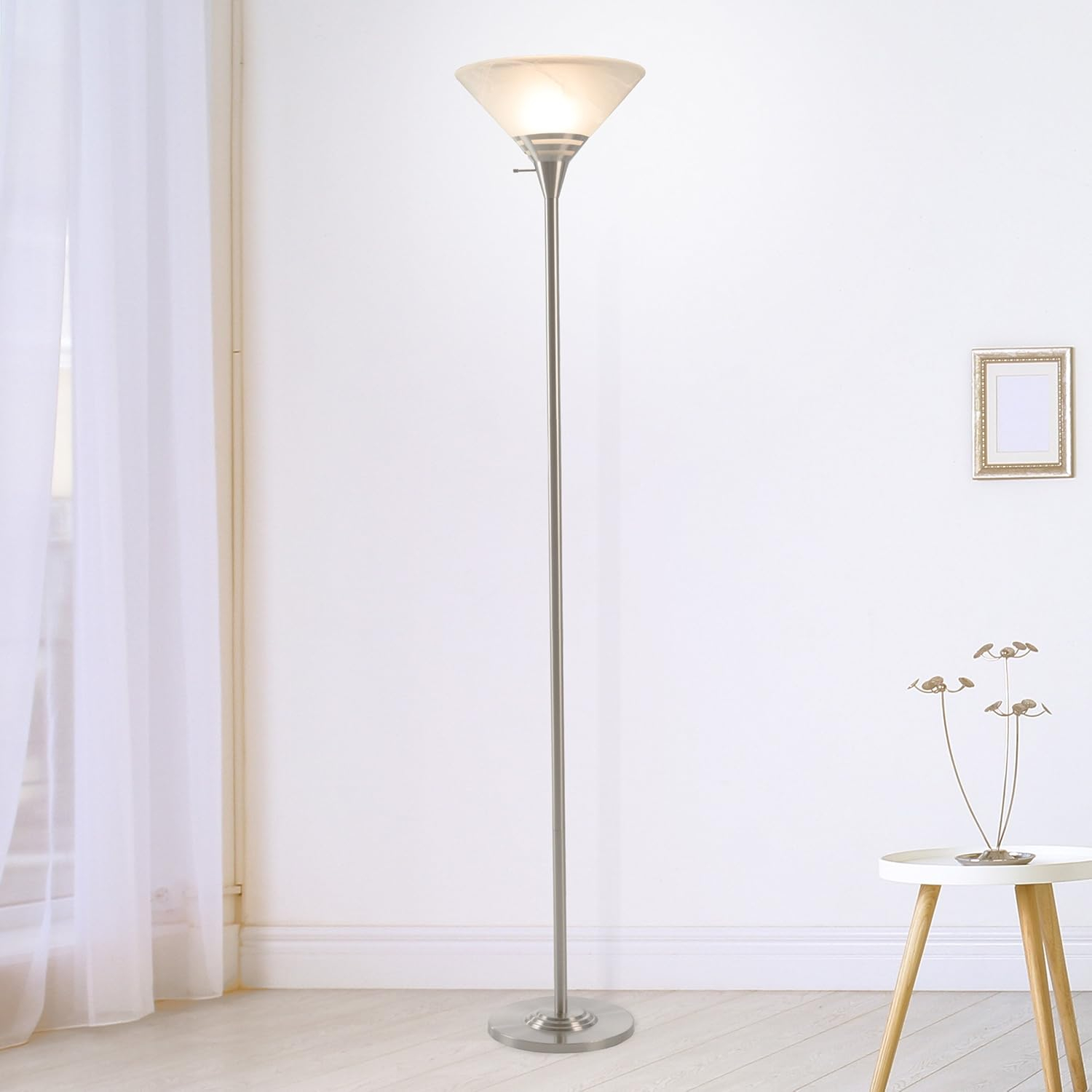 Torchiere Floor Lamp-Standing Light with Sturdy Metal Base & Marbleized Glass Shade-Energy Saving LED Bulb - Brushed Silver